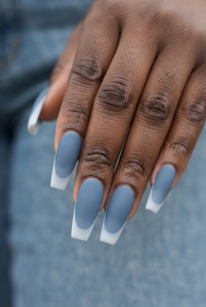 denim blue coffin milky white nail art