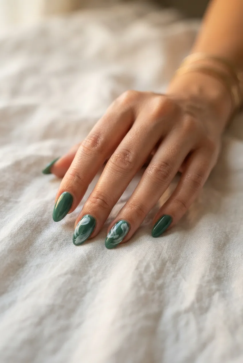 jade green almond milky white nails