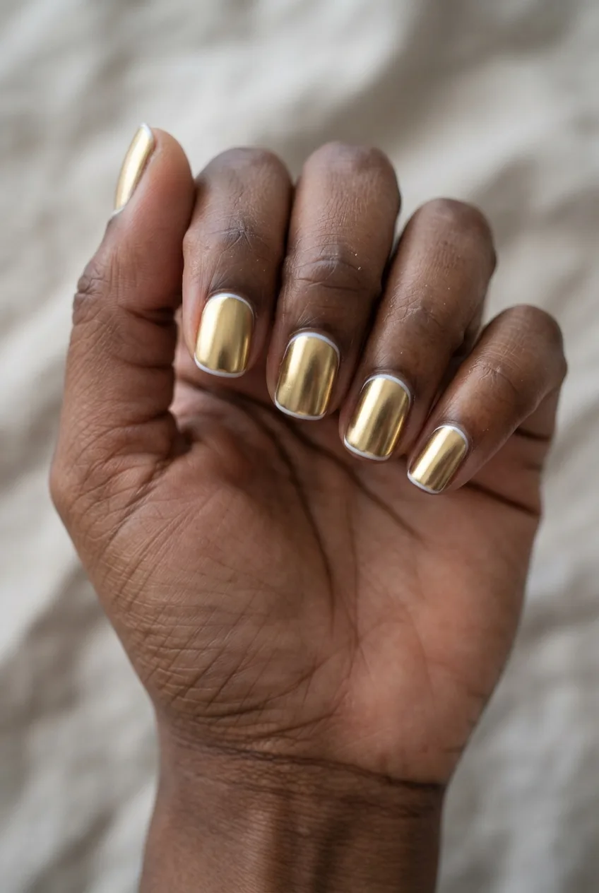 gold squoval chrome milky white nails