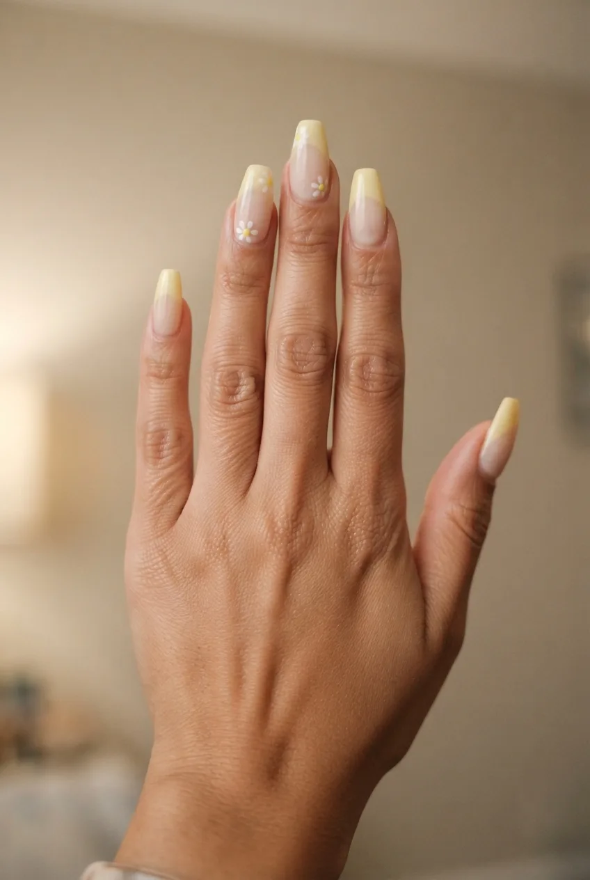 butter yellow coffin milky white nail designs