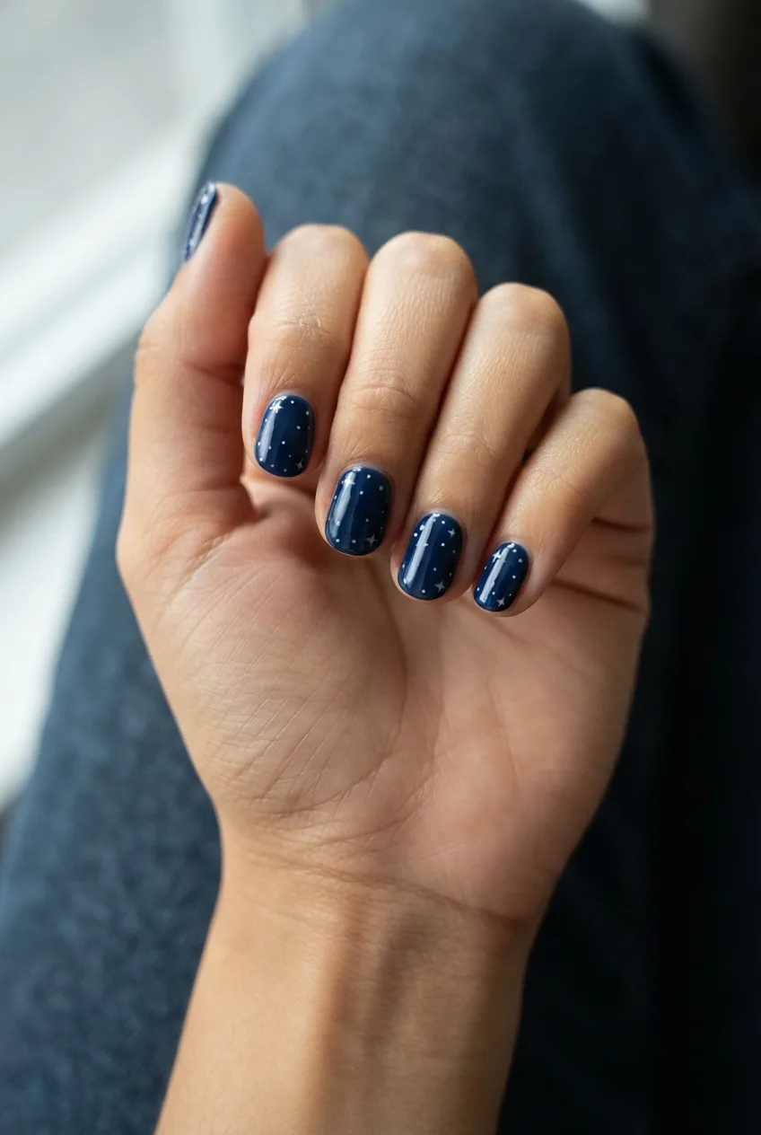 navy round glossy milky white nail art