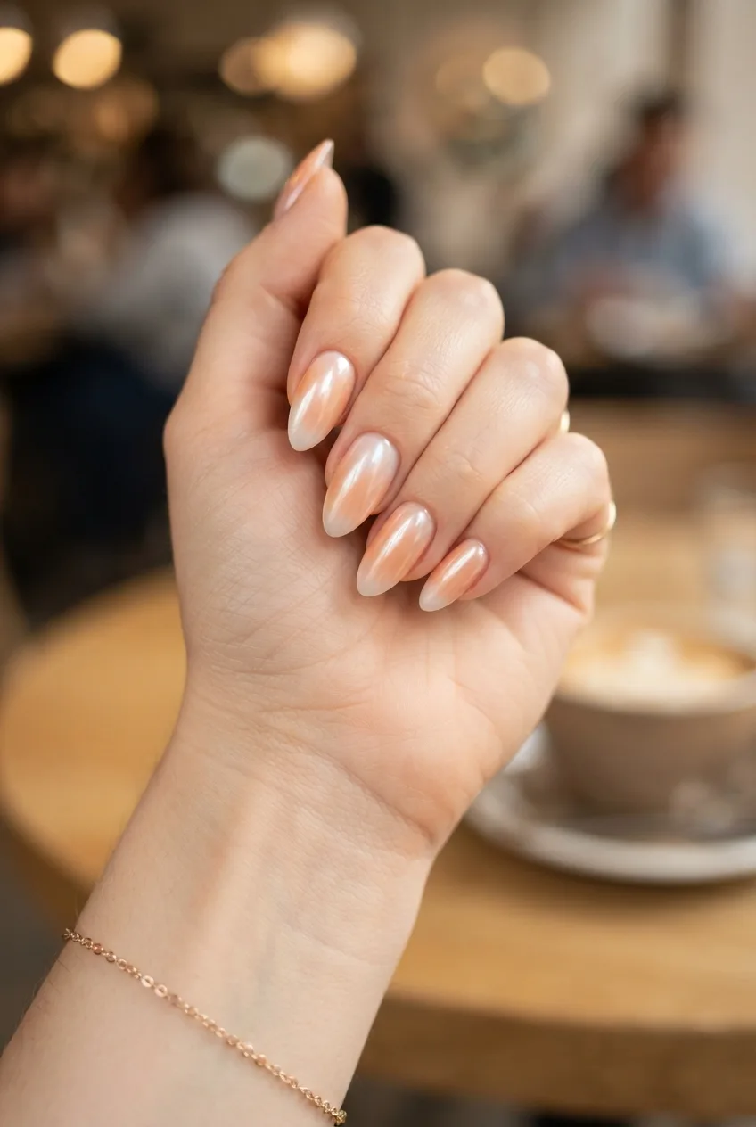 peach almond glazed milky white nail ideas