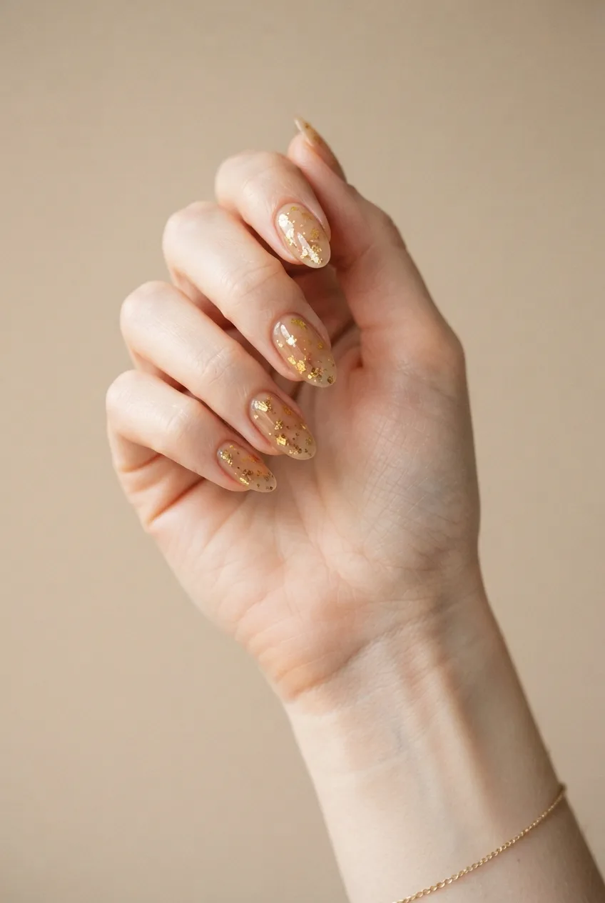 sheer beige almond nude nails with gold flakes