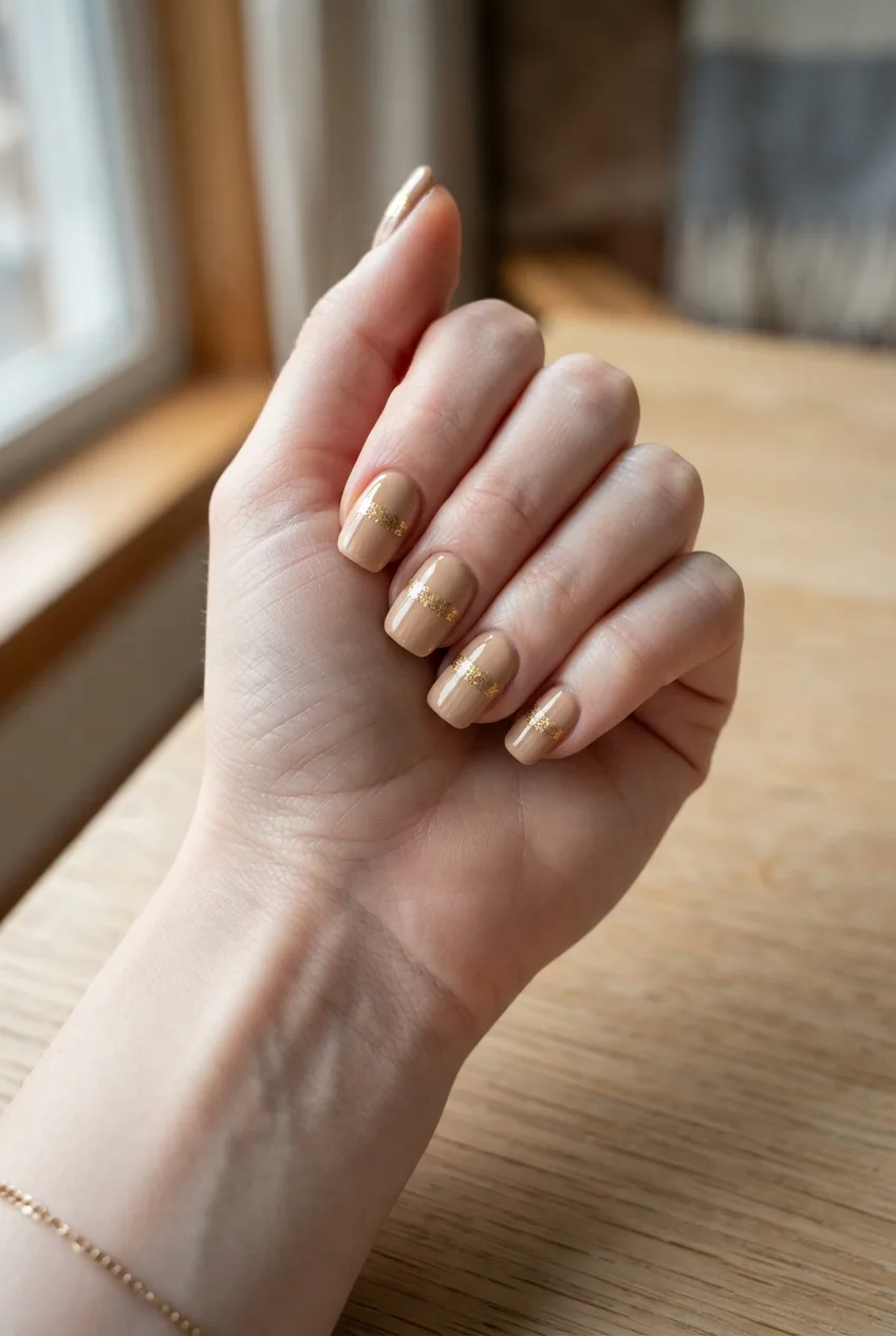 sand beige squoval nude nails with gold flakes