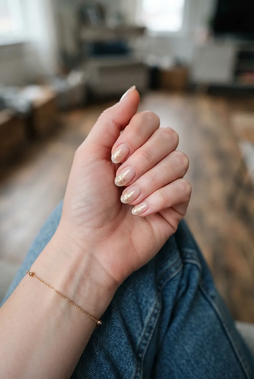 blush nude almond nude nails with gold flakes