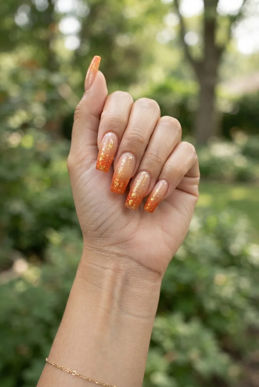 sunset orange nude nude nails with gold flakes