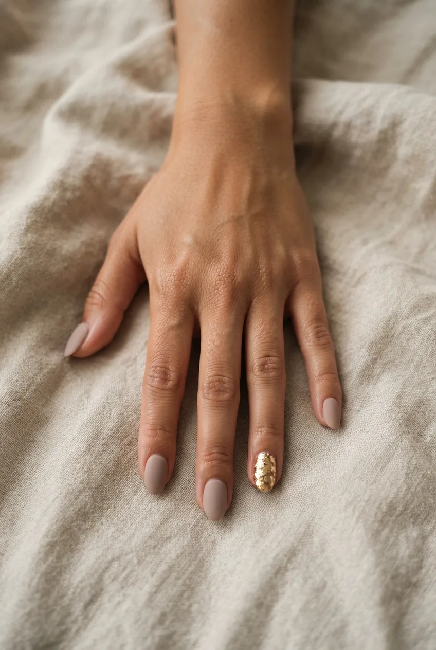 taupe oval matte nude nails with gold flakes