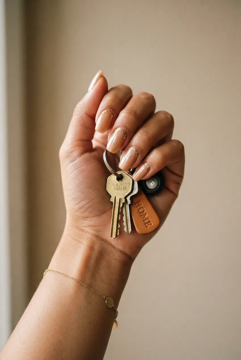 honey nude coffin nude nails with gold flakes