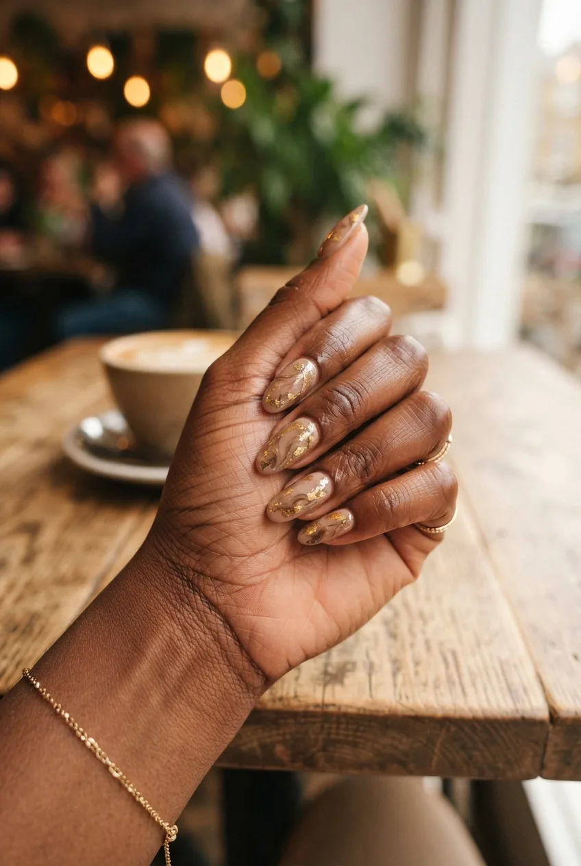 deep sand nude nude nails with gold flakes