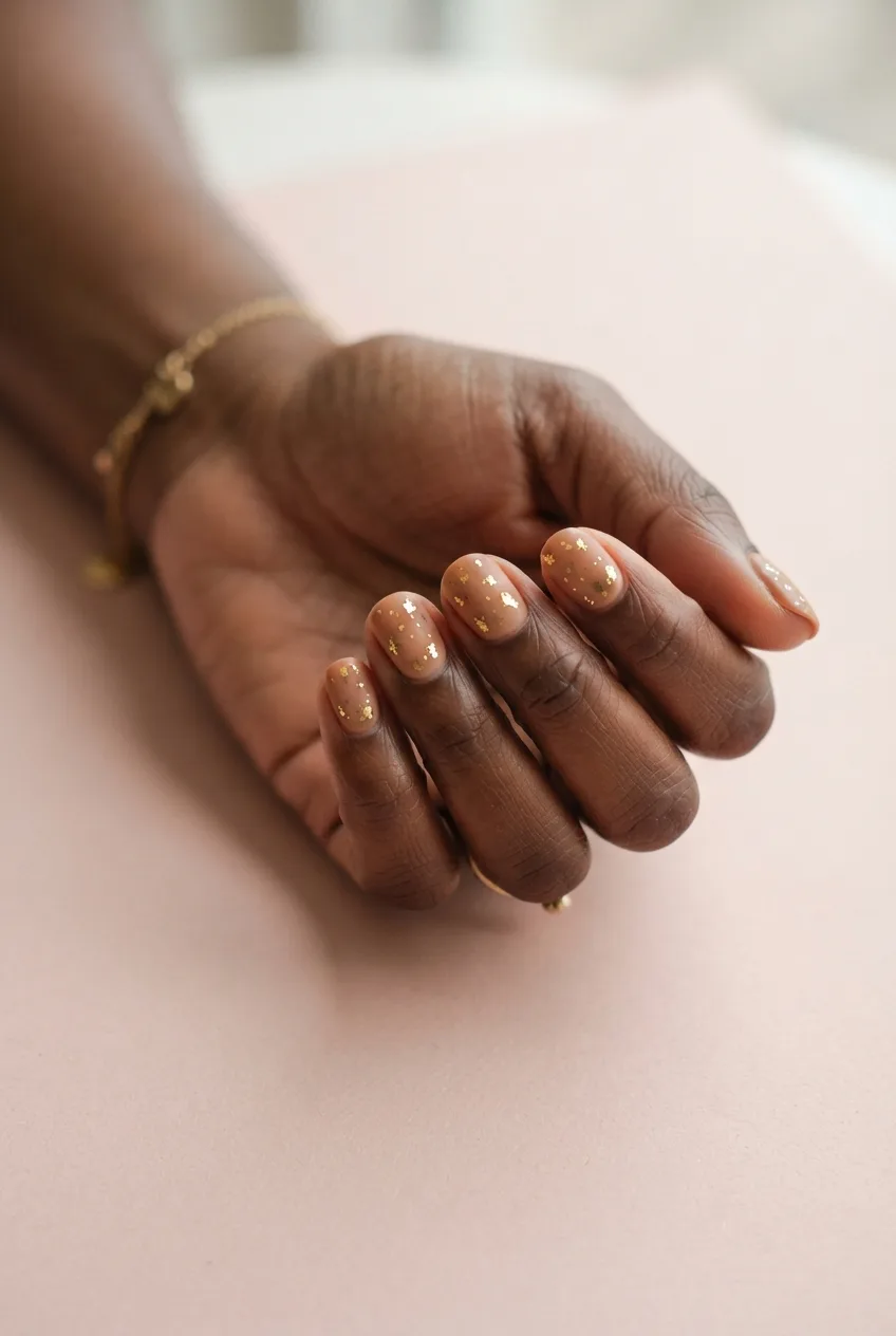 toffee nude round nude nails with gold flakes