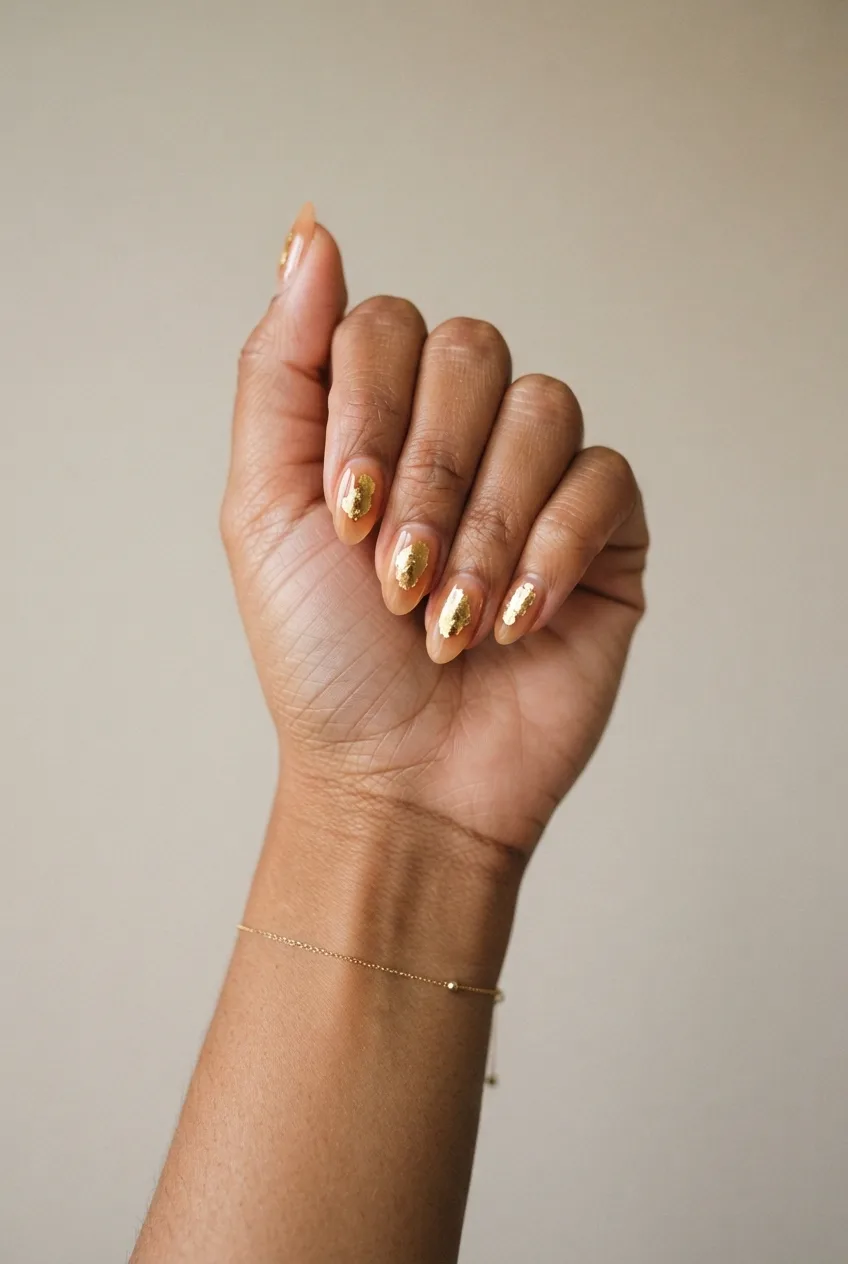 apricot nude almond nude nails with gold flakes