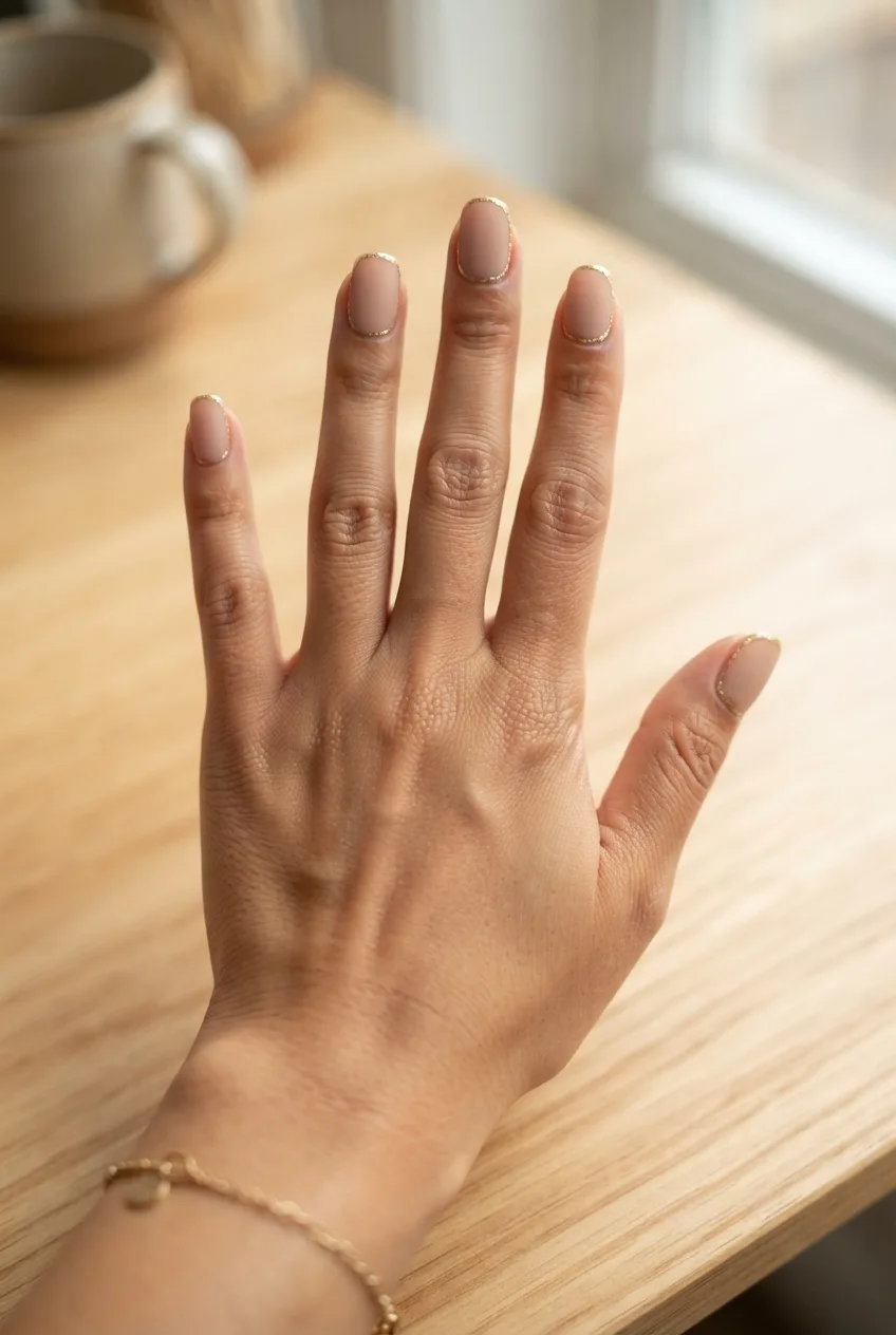 clay nude squoval nude nails with gold flakes