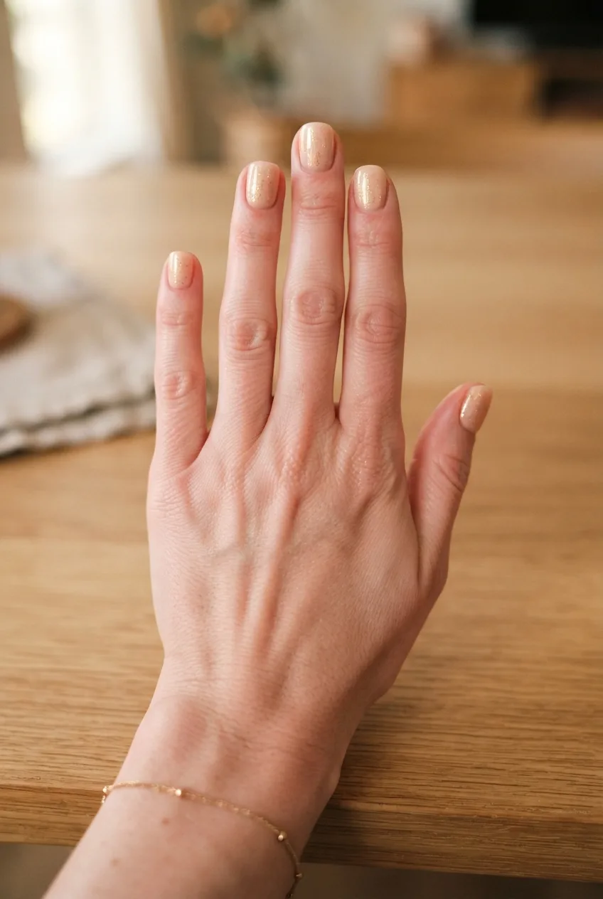 peach nude squoval nude nails with gold flakes