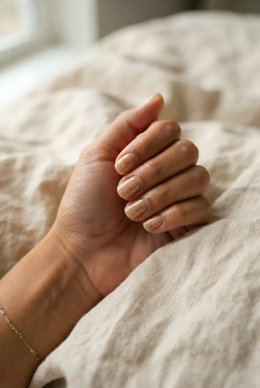 champagne nude round nude nails with gold flakes