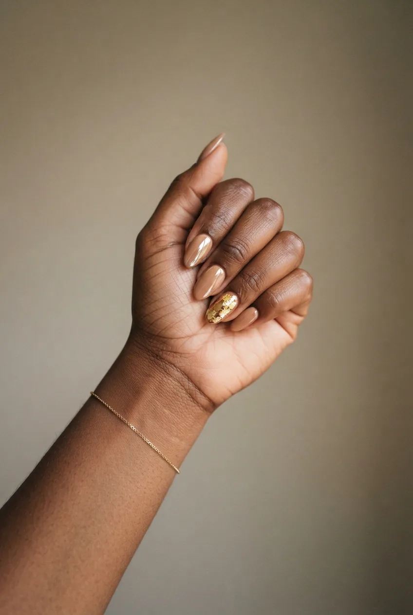 caramel nude almond nude nails with gold flakes
