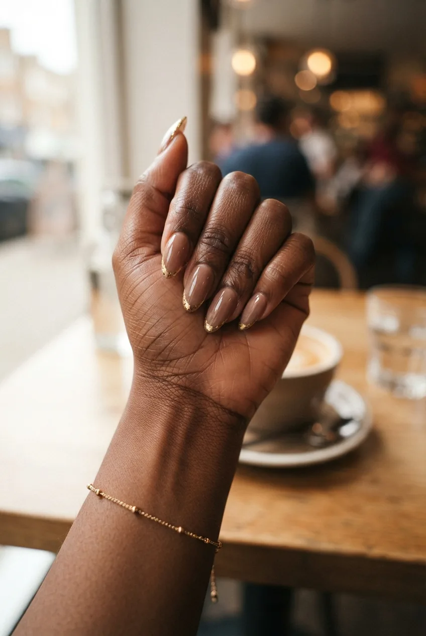 mocha nude almond nude nails with gold flakes