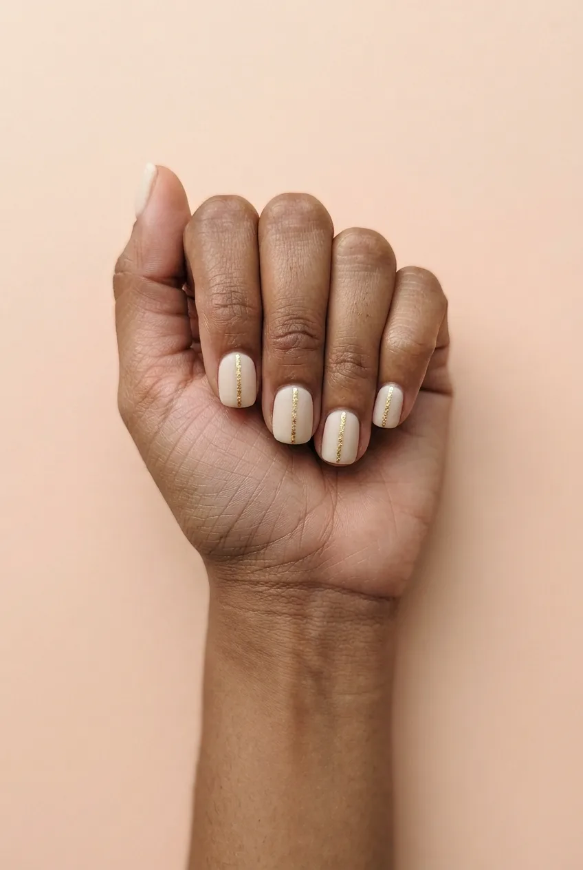 vanilla nude square nude nails with gold flakes