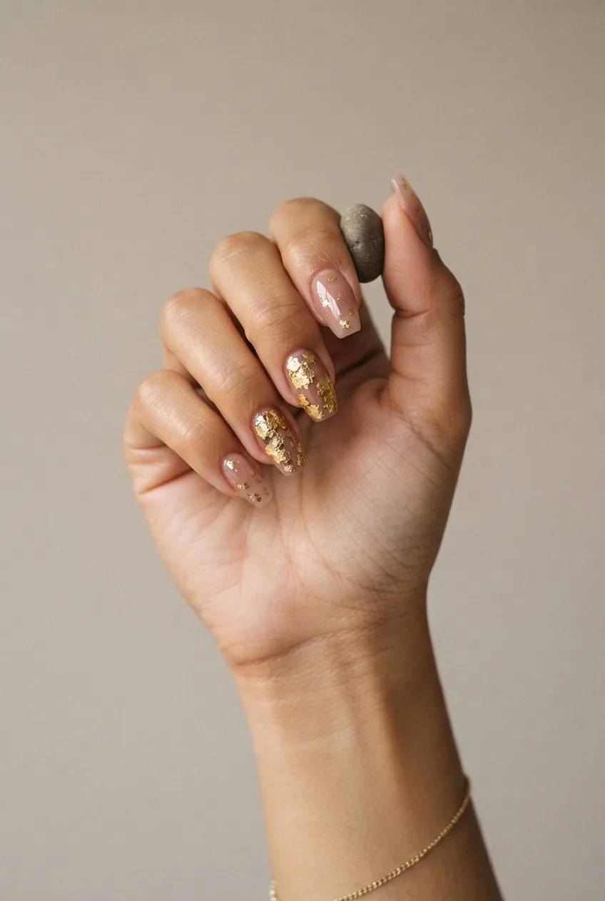 dusty rose coffin nude nails with gold flakes
