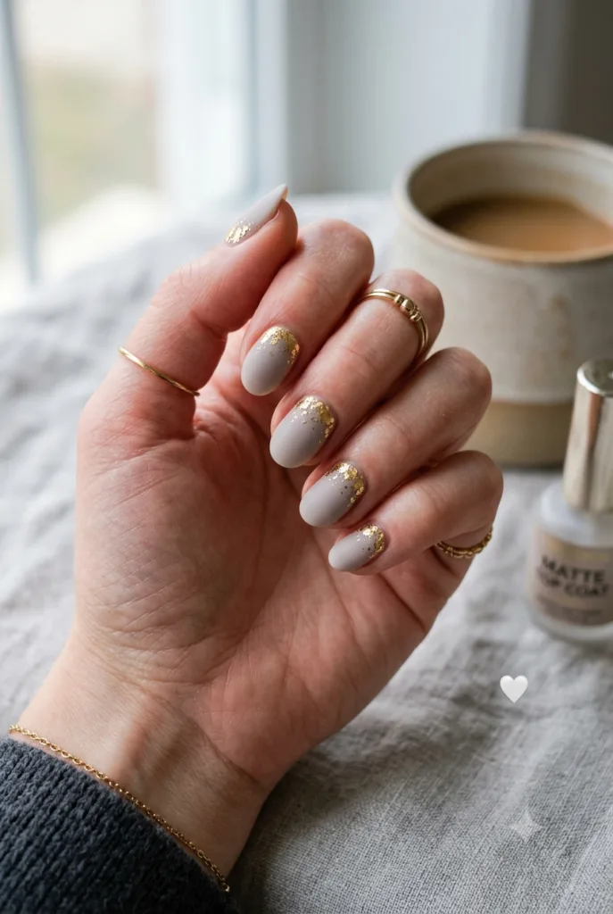 matte greige oval nude nails with gold flakes