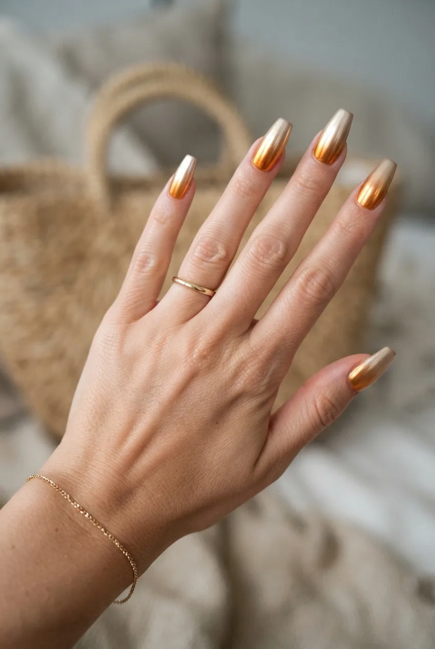 amber champagne coffin chrome ombre nails