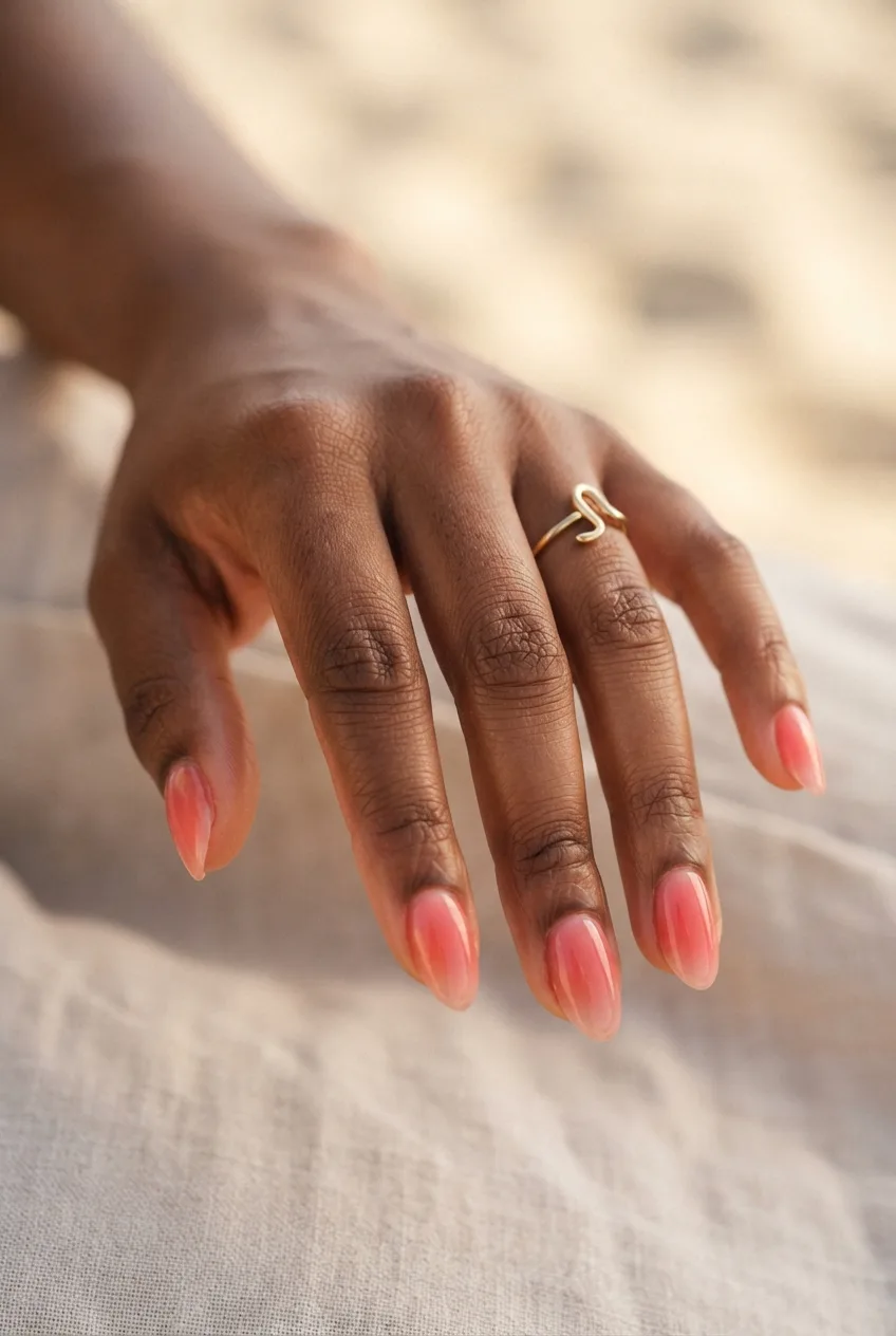 coral pink almond jelly ombre nails