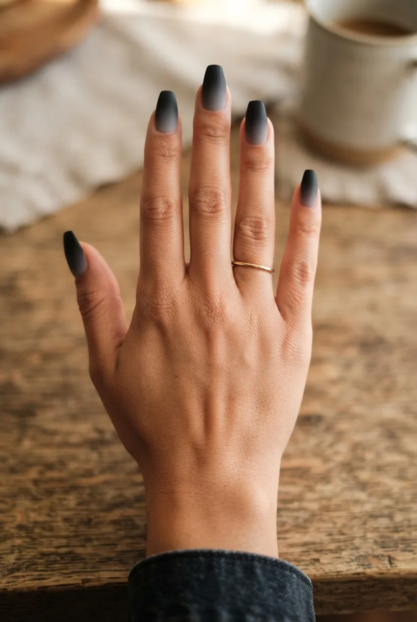 black smoke grey coffin matte ombre nails