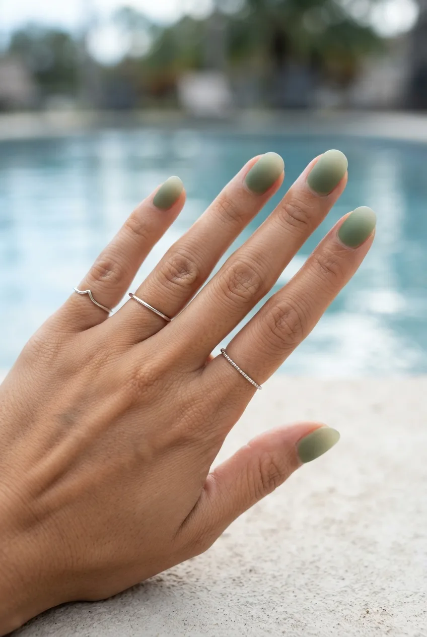 olive sage oval matte ombre nails