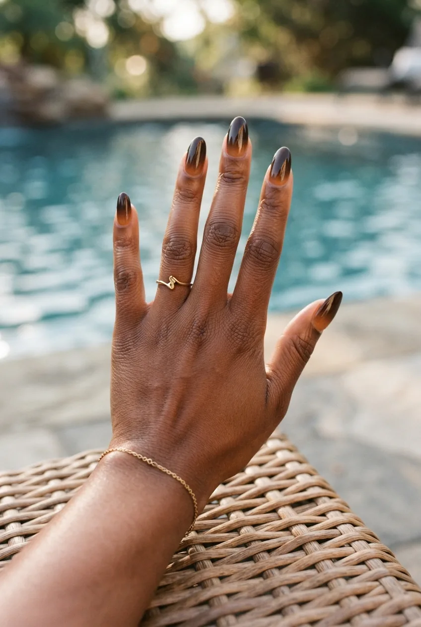 espresso caramel oval glossy ombre nails