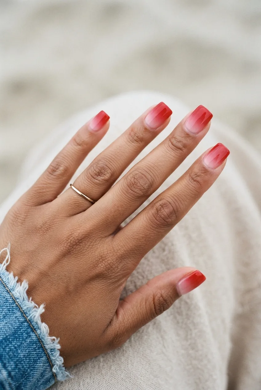 cherry red blush square glossy ombre nails
