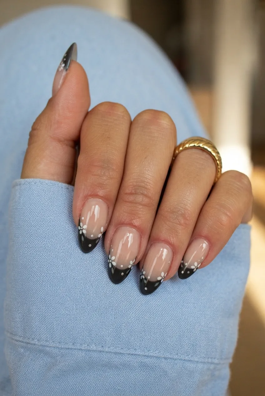 charcoal almond white simple spring floral nails