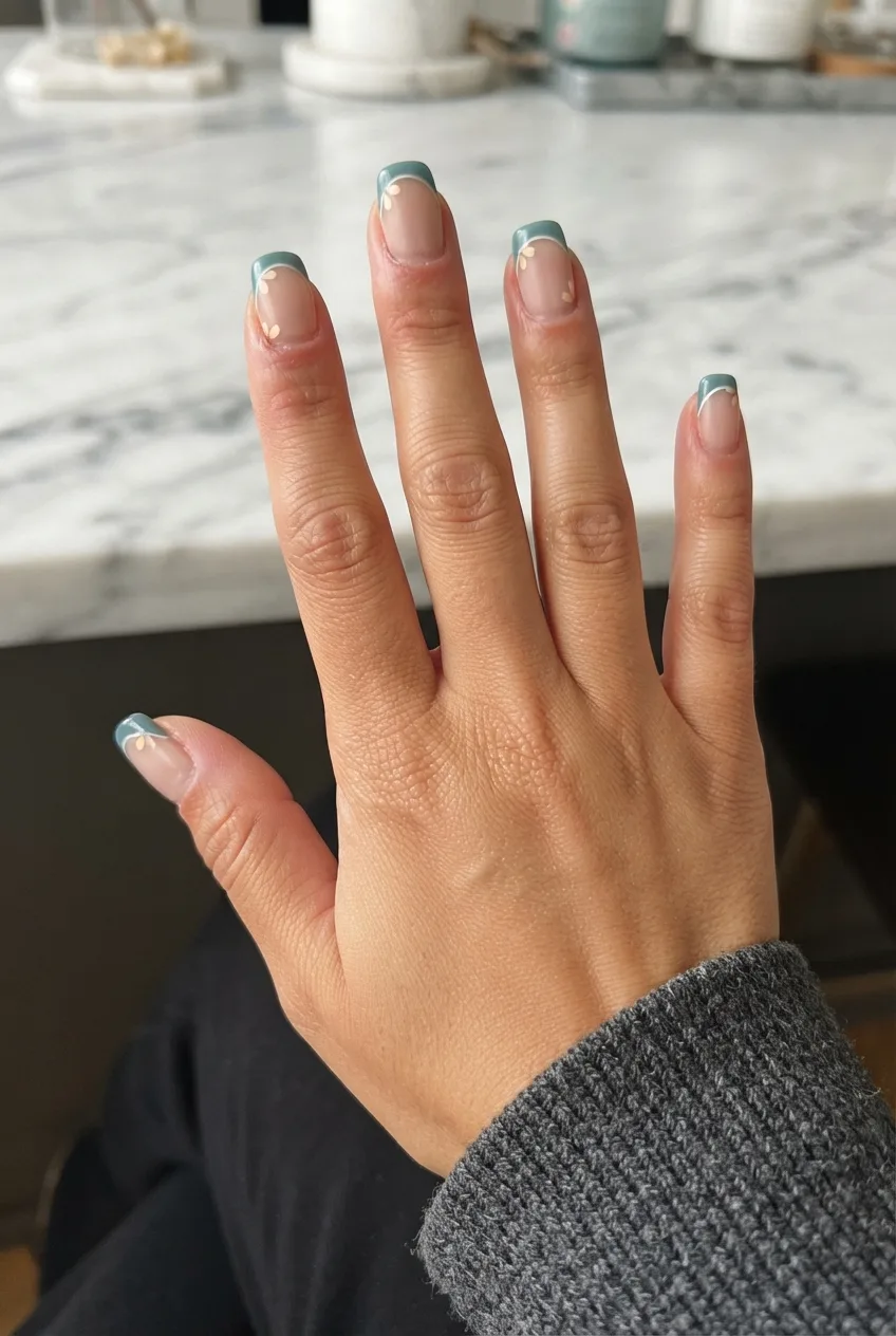 teal squoval satin simple spring floral nails