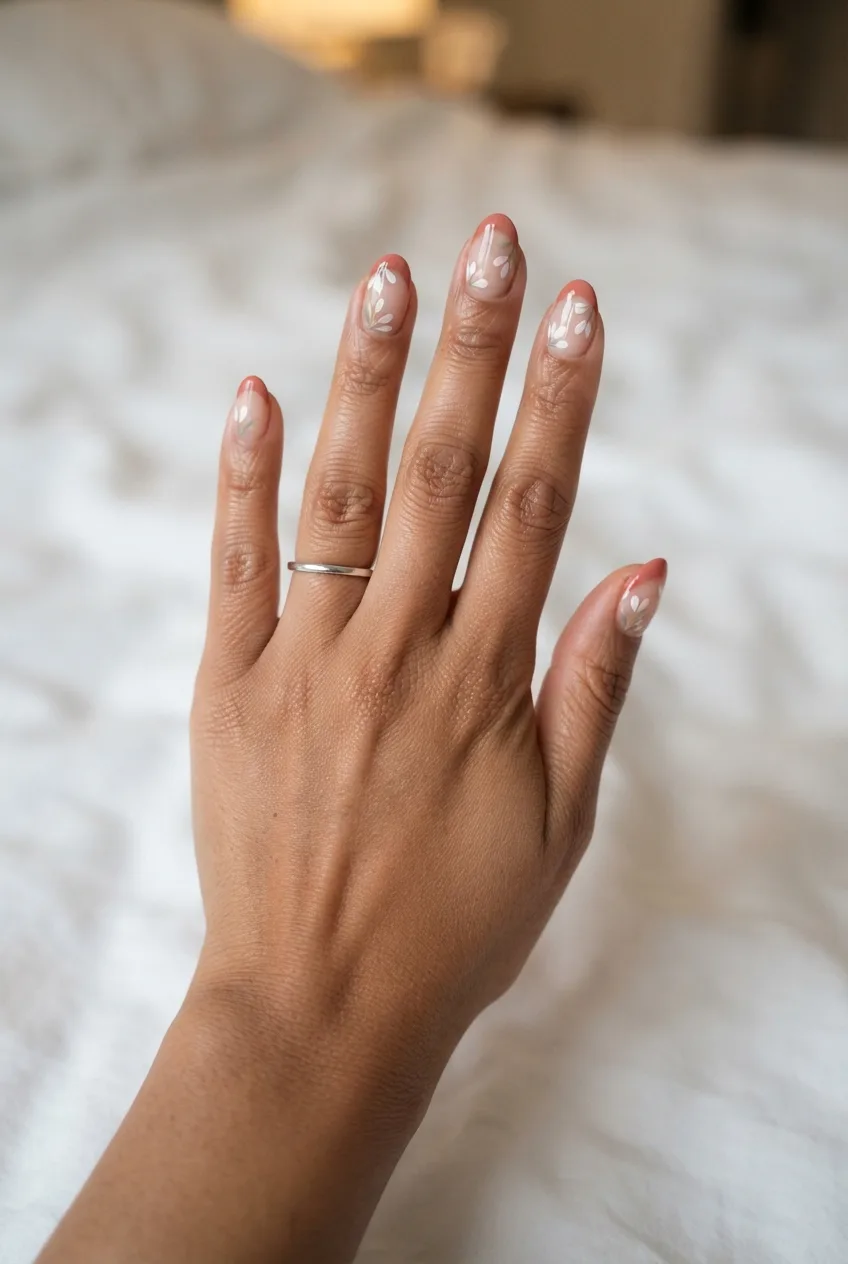 coral oval petal simple spring floral nails