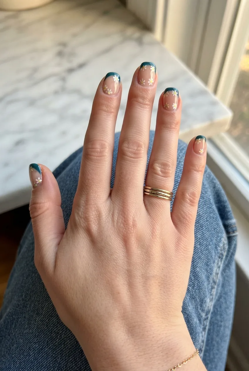 teal squoval daisy simple spring floral nails