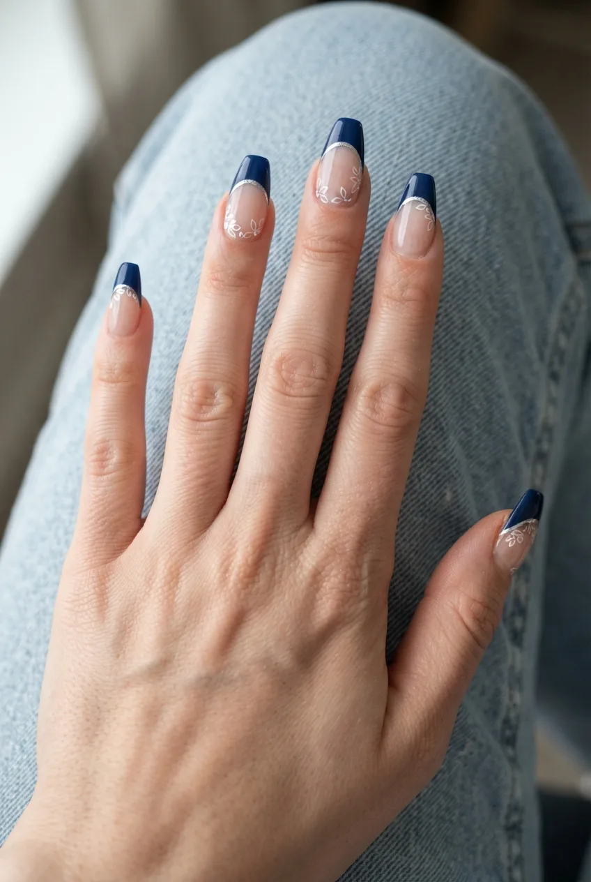 navy coffin outlined simple spring floral nails