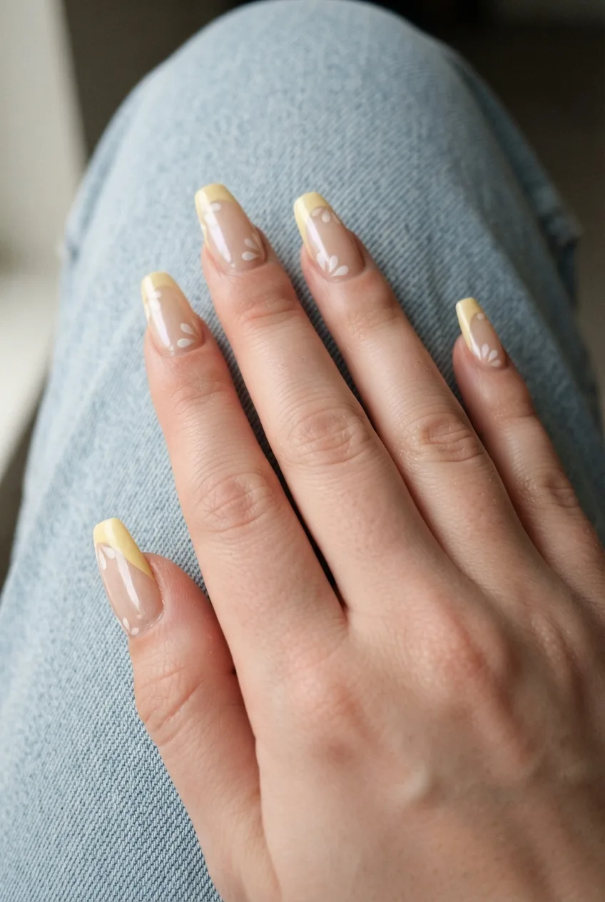 butter yellow coffin simple spring floral nails
