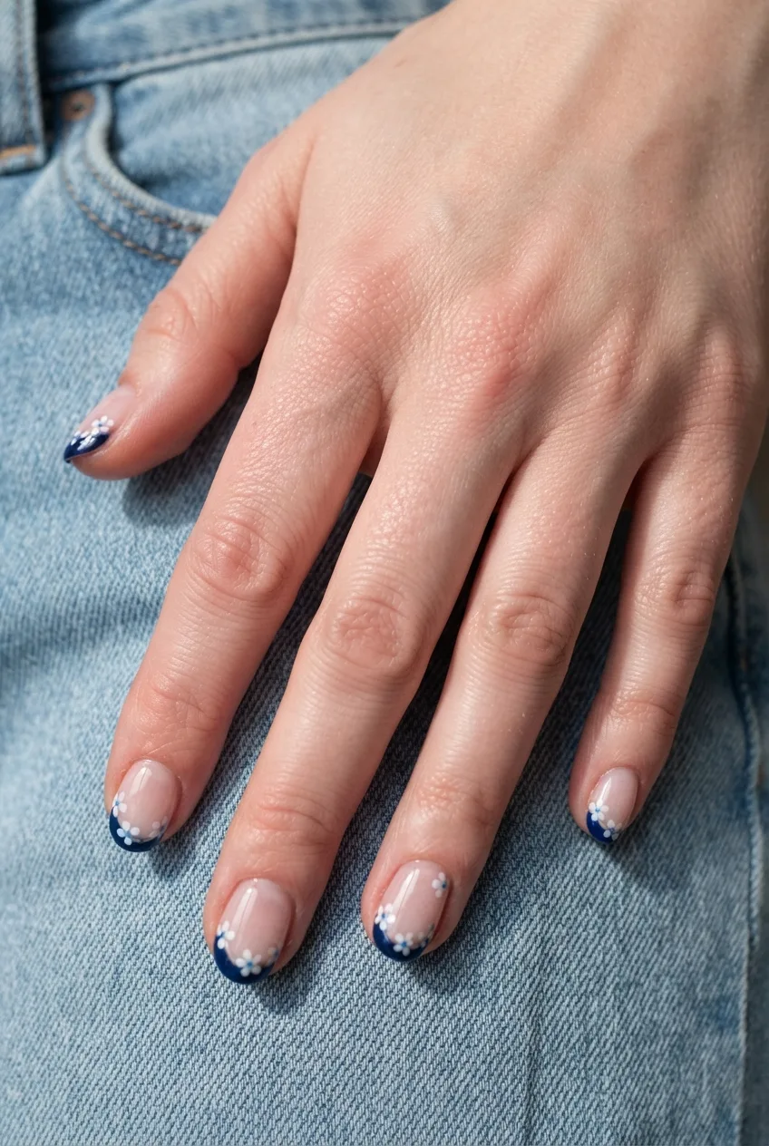 navy oval floral simple spring floral nails