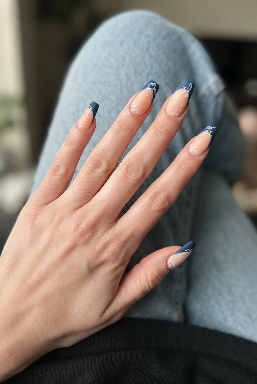 navy coffin matte simple spring floral nails