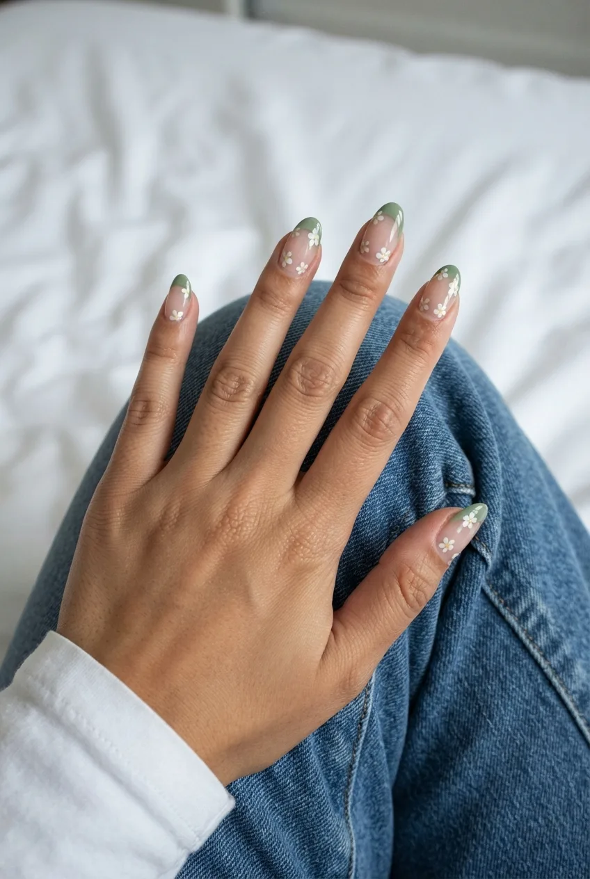 sage oval floral simple spring floral nails