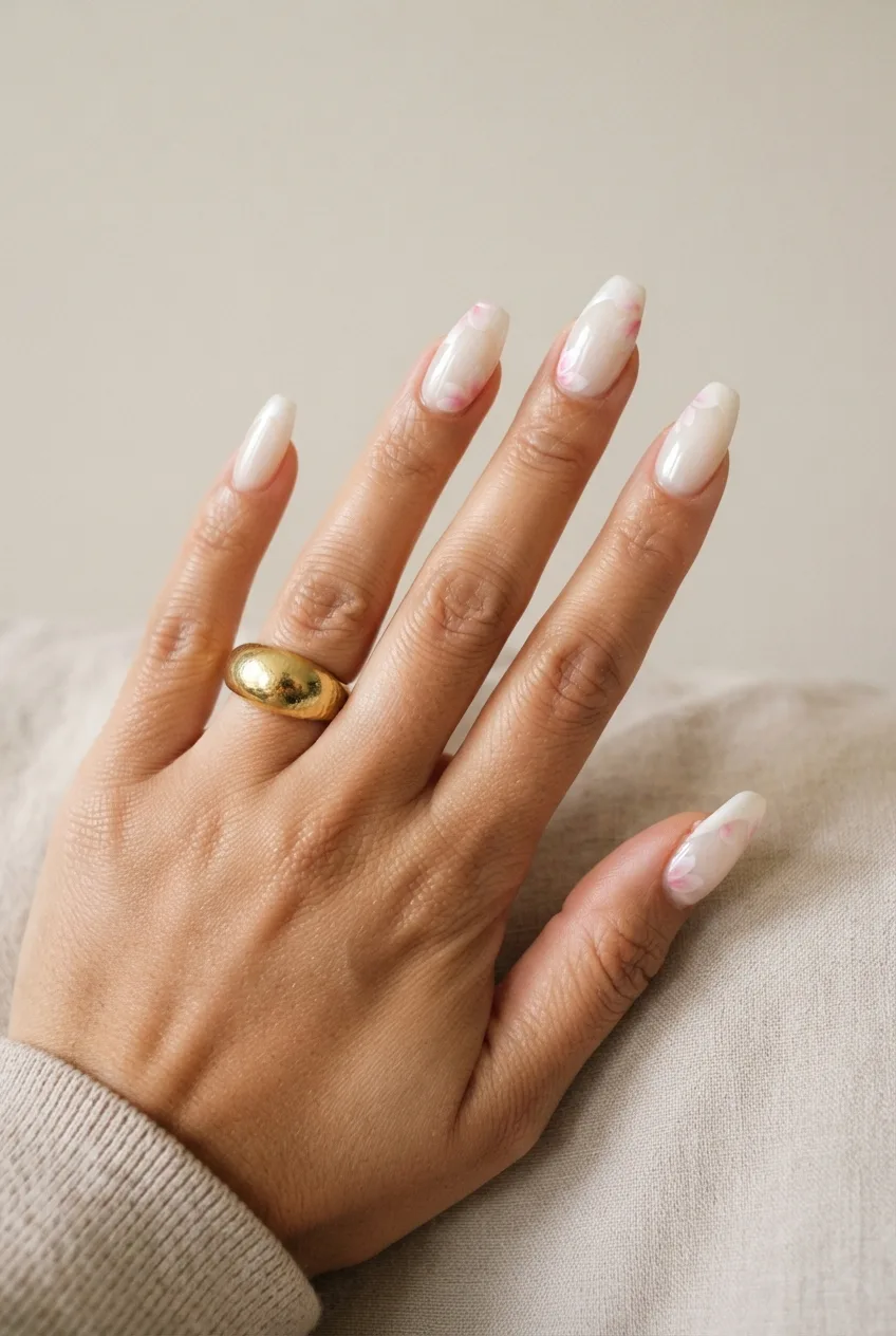 pearl white coffin simple spring floral nails