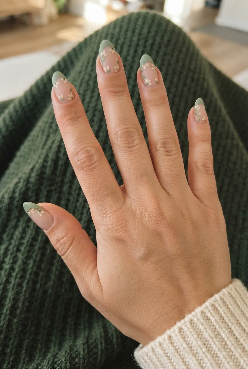 sage almond matte simple spring floral nails