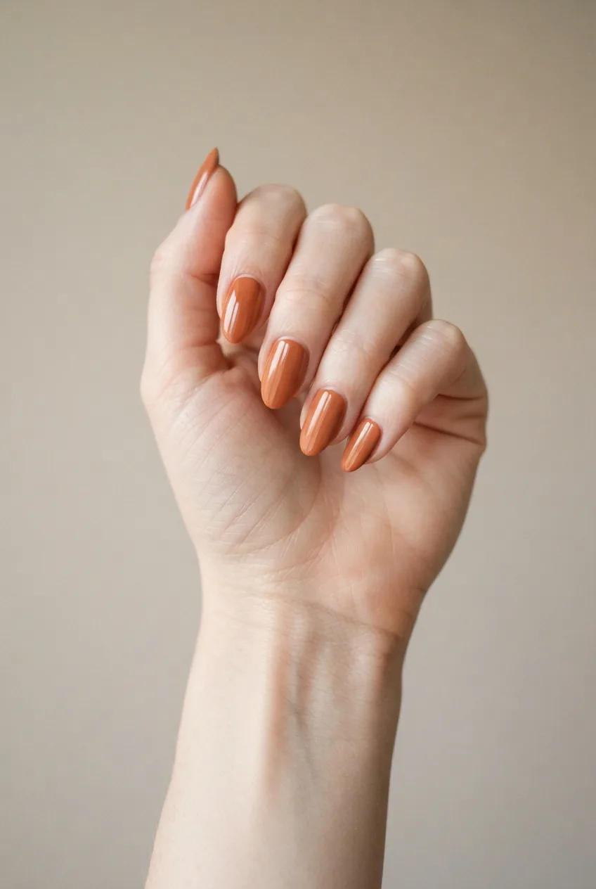 terracotta almond glossy nails