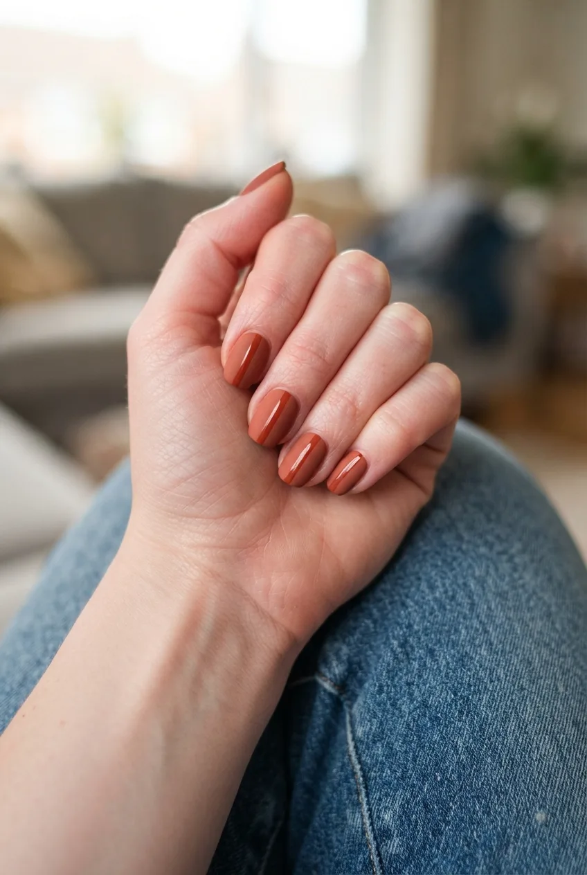 matte rust terracotta striped squoval nails