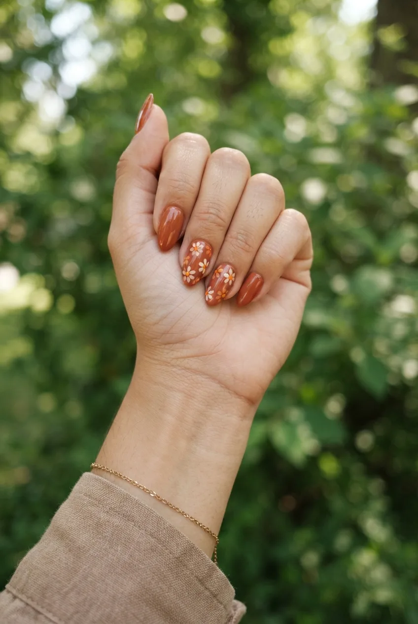 terracotta almond floral accent nails