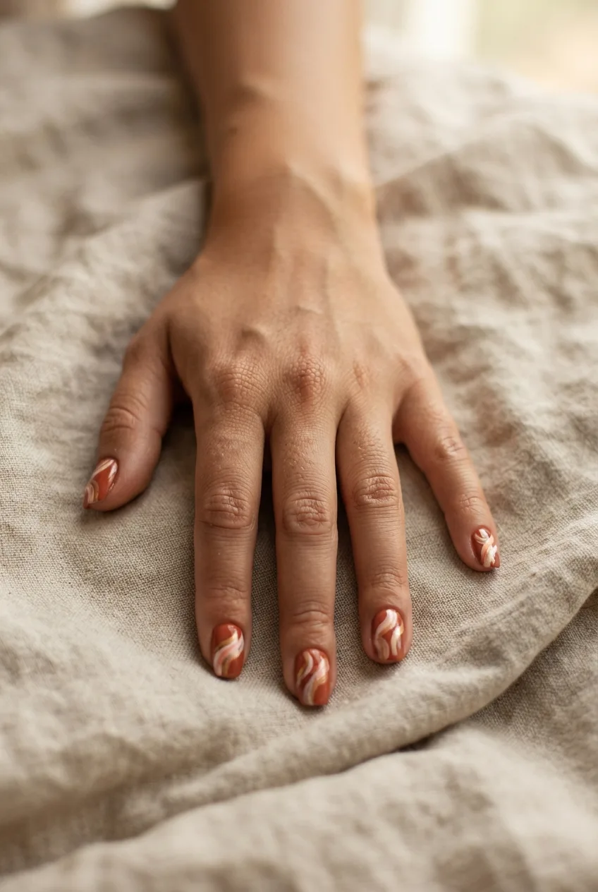 terracotta cream swirl coffin nails