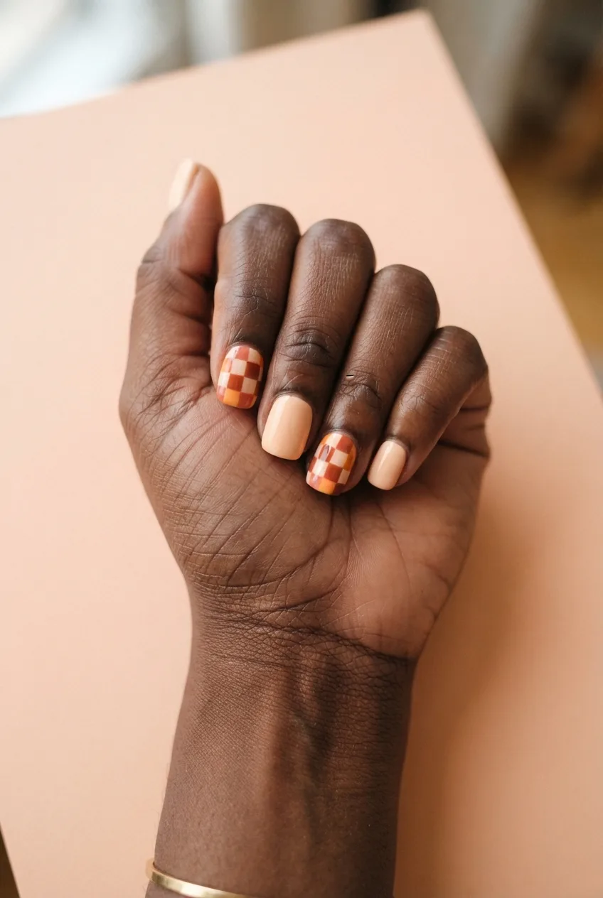 peach terracotta checkerboard square nails