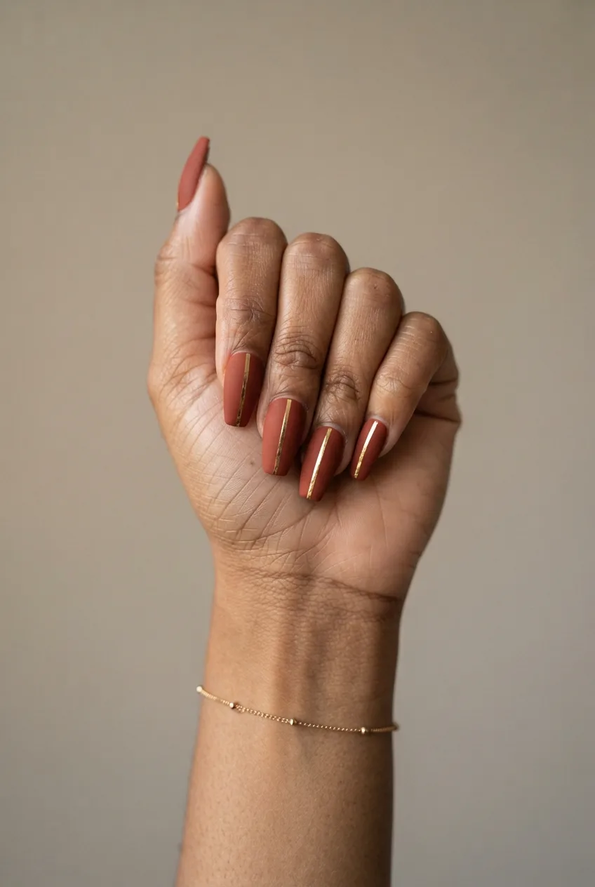 matte brick terracotta gold strip nails