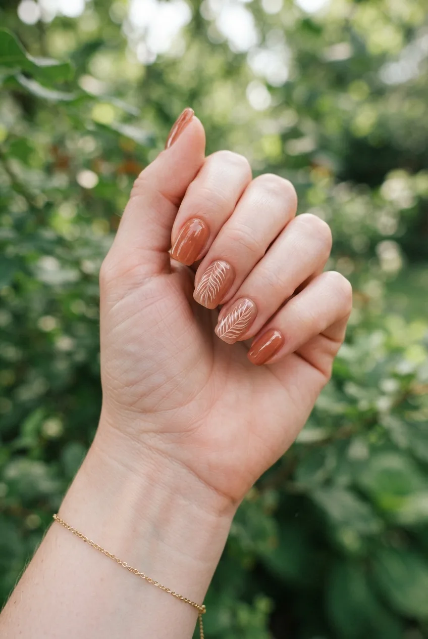 sheer terracotta cream line art nails