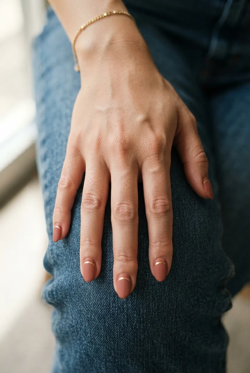 matte terracotta gold line oval nails