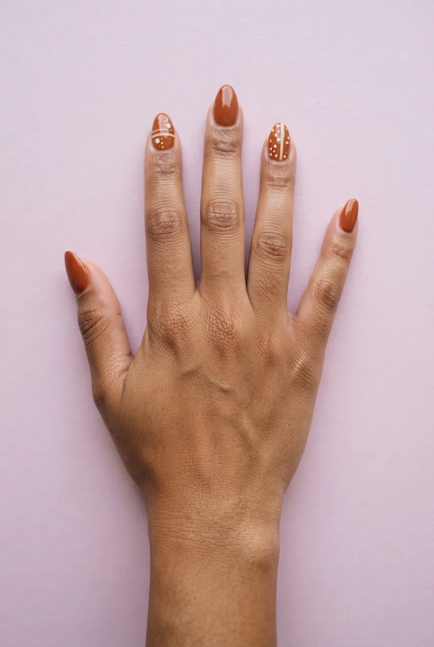 terracotta cream dotted almond nails
