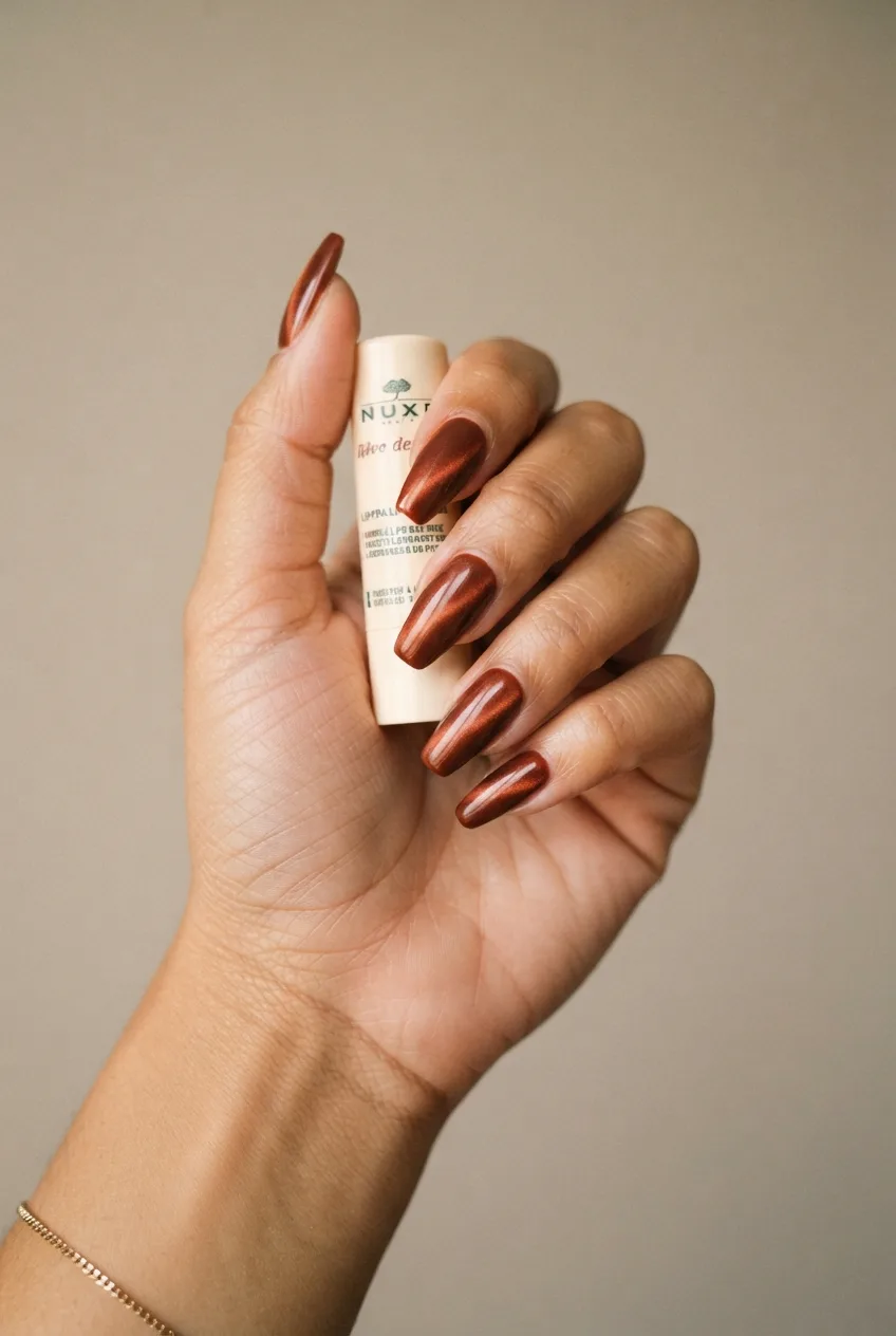 burnt terracotta velvet cat eye nails